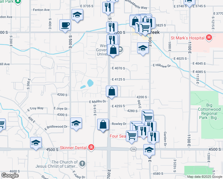 map of restaurants, bars, coffee shops, grocery stores, and more near 4172 Kiera Hill Lane in Murray