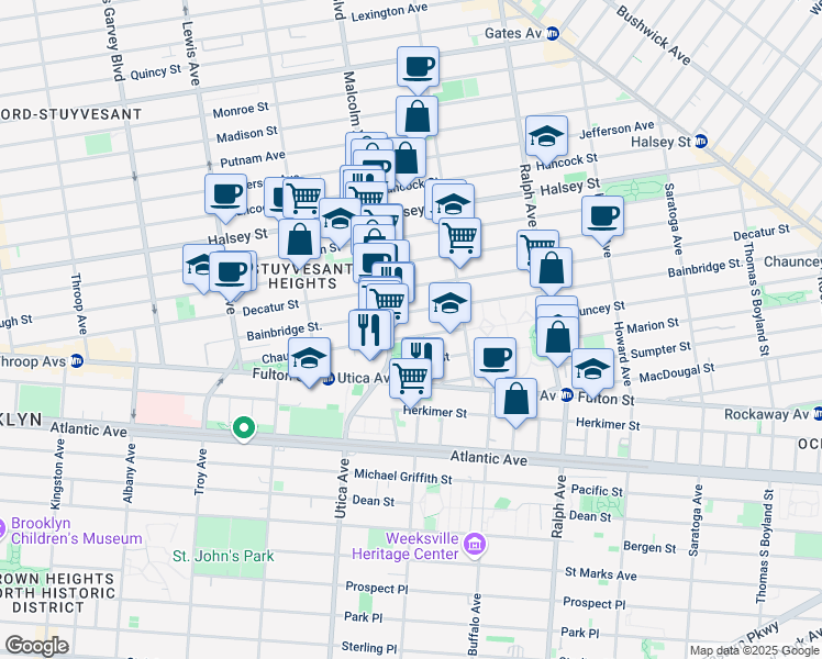 map of restaurants, bars, coffee shops, grocery stores, and more near 183 Chauncey Street in Brooklyn