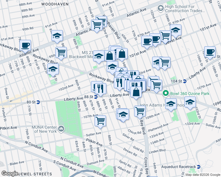 map of restaurants, bars, coffee shops, grocery stores, and more near 91-23 Rockaway Boulevard in Queens