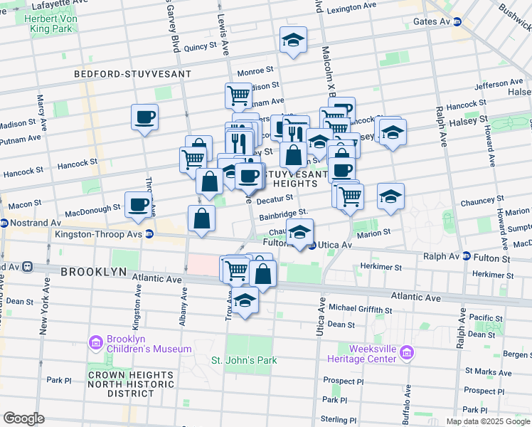 map of restaurants, bars, coffee shops, grocery stores, and more near 93 Bainbridge Street in Brooklyn