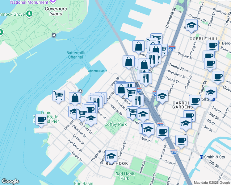 map of restaurants, bars, coffee shops, grocery stores, and more near 77 Imlay Street in Brooklyn