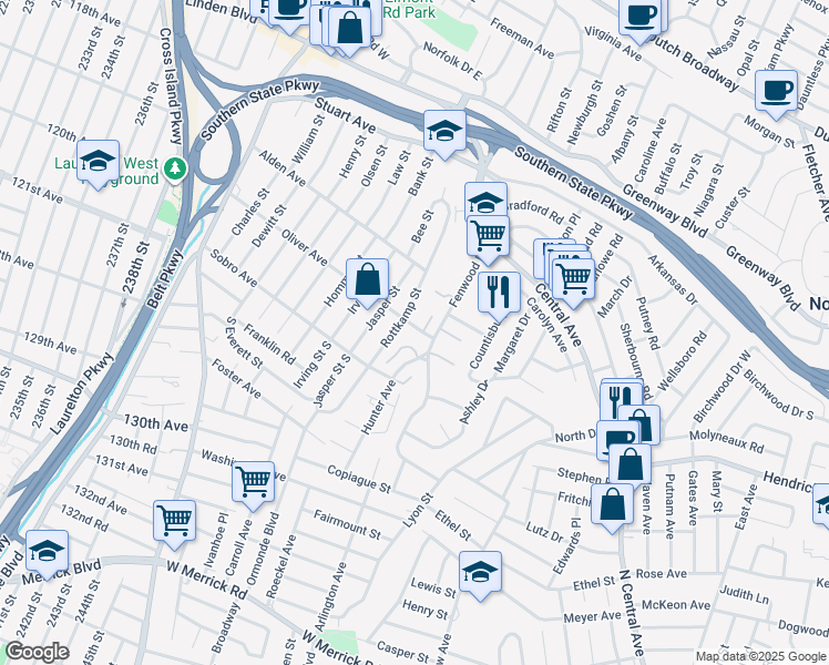map of restaurants, bars, coffee shops, grocery stores, and more near 1009 Rottkamp Street in Valley Stream