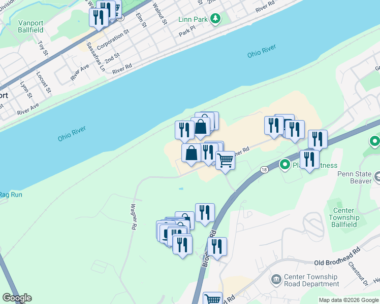 map of restaurants, bars, coffee shops, grocery stores, and more near 87 Wagner Road in Monaca
