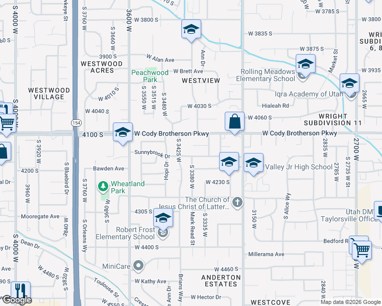 map of restaurants, bars, coffee shops, grocery stores, and more near 3376 Sunnybrook Drive in West Valley City