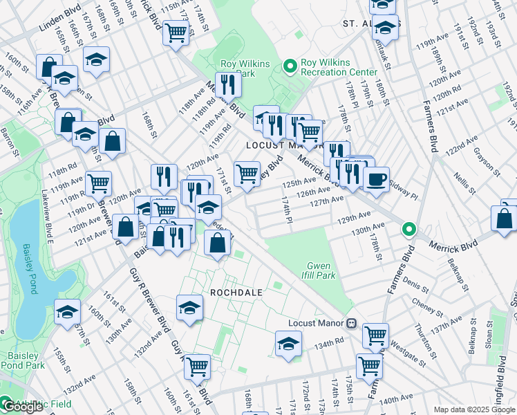 map of restaurants, bars, coffee shops, grocery stores, and more near 172-18 125th Avenue in Queens