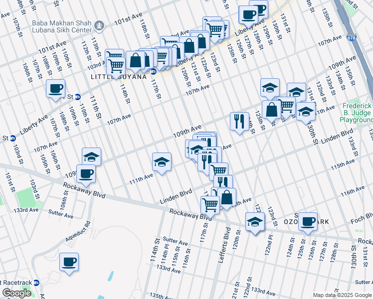 map of restaurants, bars, coffee shops, grocery stores, and more near 109-21 118th Street in Queens