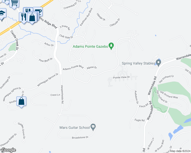 map of restaurants, bars, coffee shops, grocery stores, and more near 1011 Alpine Drive in Mars