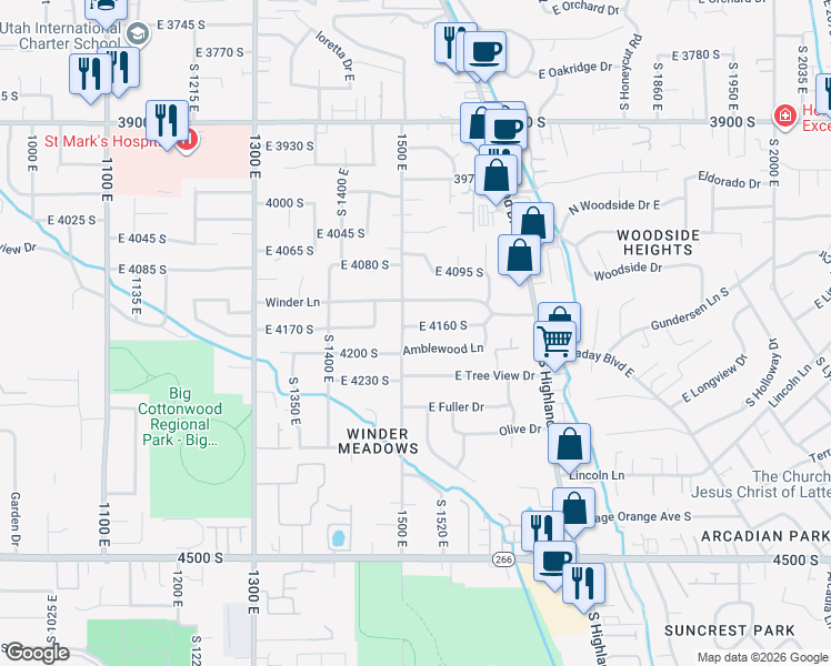 map of restaurants, bars, coffee shops, grocery stores, and more near 1514 East 4160 South in Millcreek