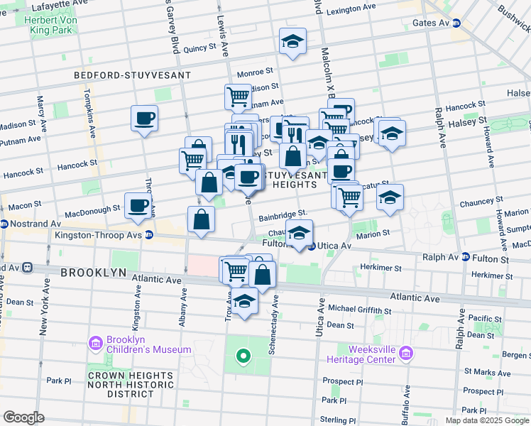 map of restaurants, bars, coffee shops, grocery stores, and more near 257 Decatur Street in Brooklyn