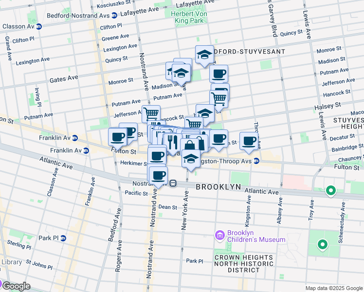 map of restaurants, bars, coffee shops, grocery stores, and more near 107 Macon Street in Brooklyn