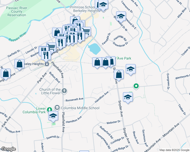 map of restaurants, bars, coffee shops, grocery stores, and more near 80 Industrial Road in Berkeley Heights