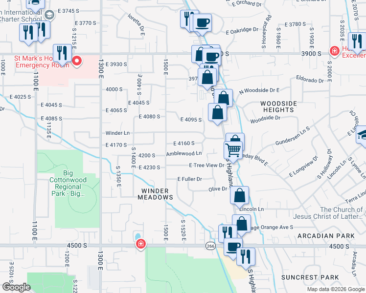 map of restaurants, bars, coffee shops, grocery stores, and more near 1550 East 4160 South in Salt Lake City