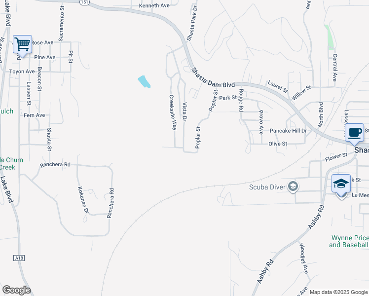 map of restaurants, bars, coffee shops, grocery stores, and more near 166 Creekside Way in Shasta Lake