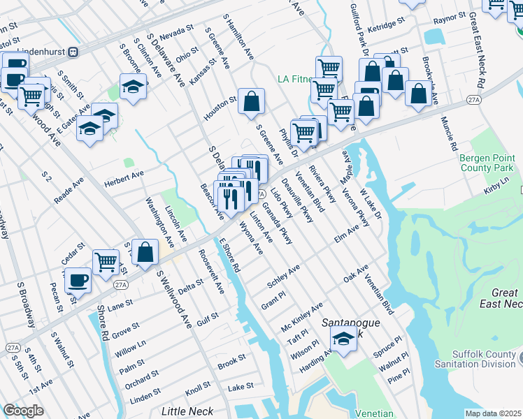 map of restaurants, bars, coffee shops, grocery stores, and more near 219A Montauk Highway in Lindenhurst