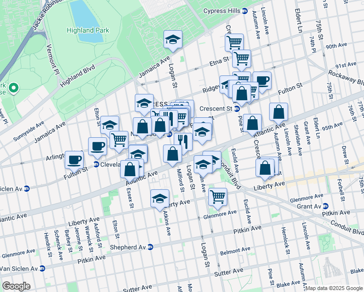 map of restaurants, bars, coffee shops, grocery stores, and more near 202 Logan Street in Brooklyn
