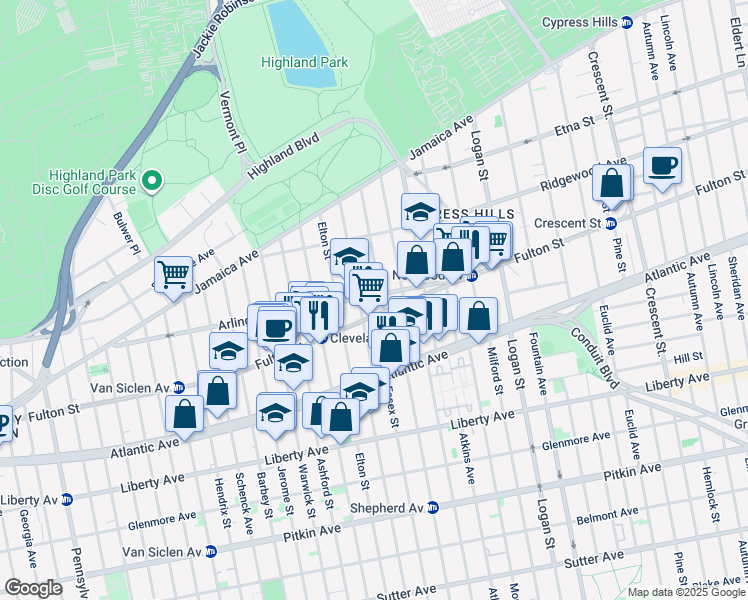 map of restaurants, bars, coffee shops, grocery stores, and more near 179 Linwood Street in Brooklyn