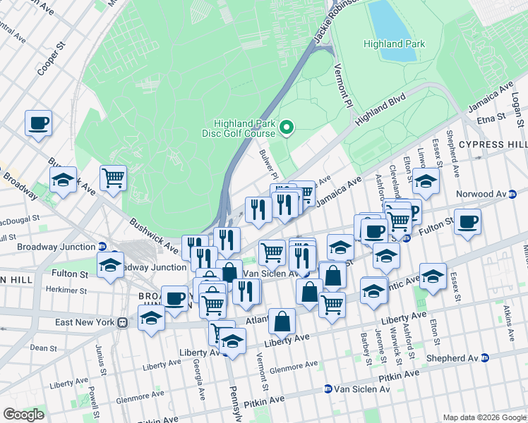 map of restaurants, bars, coffee shops, grocery stores, and more near in Brooklyn