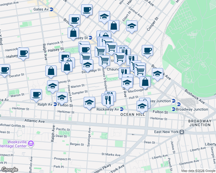 map of restaurants, bars, coffee shops, grocery stores, and more near 379 Marion Street in Brooklyn
