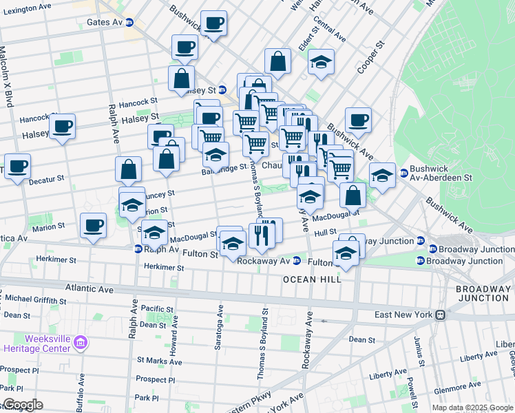 map of restaurants, bars, coffee shops, grocery stores, and more near 379 Marion Street in Brooklyn