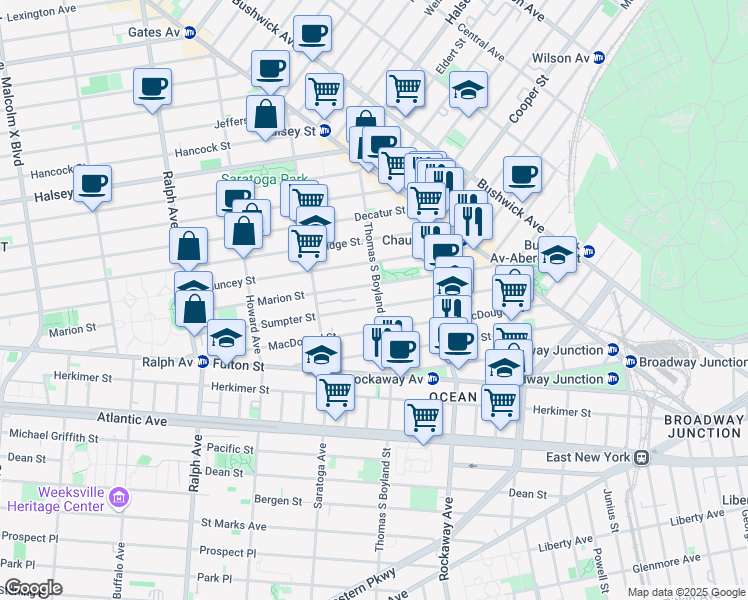 map of restaurants, bars, coffee shops, grocery stores, and more near 379 Marion Street in Brooklyn