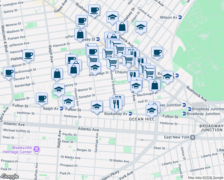 map of restaurants, bars, coffee shops, grocery stores, and more near 379 Marion Street in Brooklyn