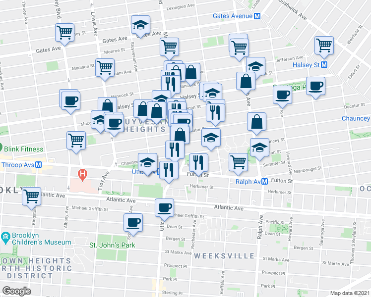 map of restaurants, bars, coffee shops, grocery stores, and more near 332 Malcolm X Boulevard in Brooklyn