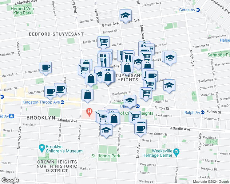 map of restaurants, bars, coffee shops, grocery stores, and more near 257 Decatur Street in Brooklyn
