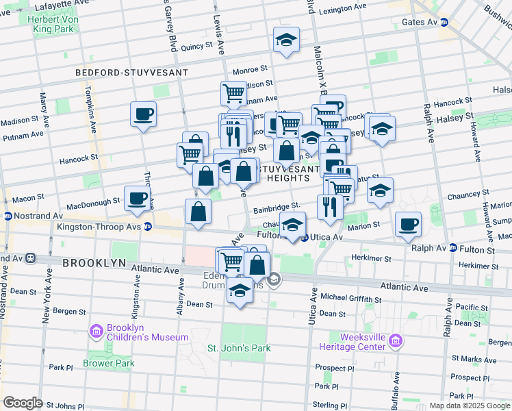 map of restaurants, bars, coffee shops, grocery stores, and more near 257 Decatur Street in Brooklyn