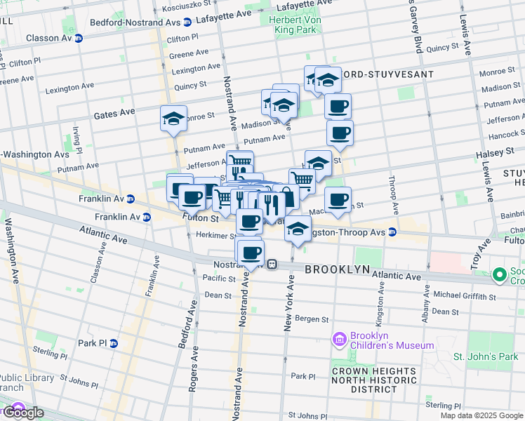 map of restaurants, bars, coffee shops, grocery stores, and more near 67 Macon Street in Brooklyn
