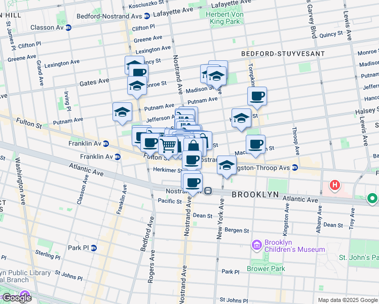 map of restaurants, bars, coffee shops, grocery stores, and more near 492 Nostrand Avenue in Brooklyn
