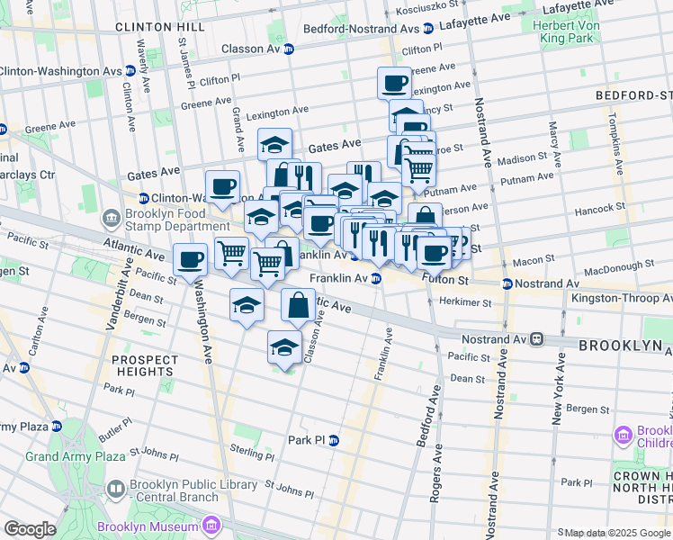 map of restaurants, bars, coffee shops, grocery stores, and more near 1066 Fulton Street in Brooklyn