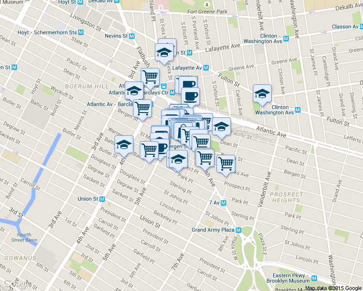 map of restaurants, bars, coffee shops, grocery stores, and more near 237 Flatbush Avenue in Brooklyn