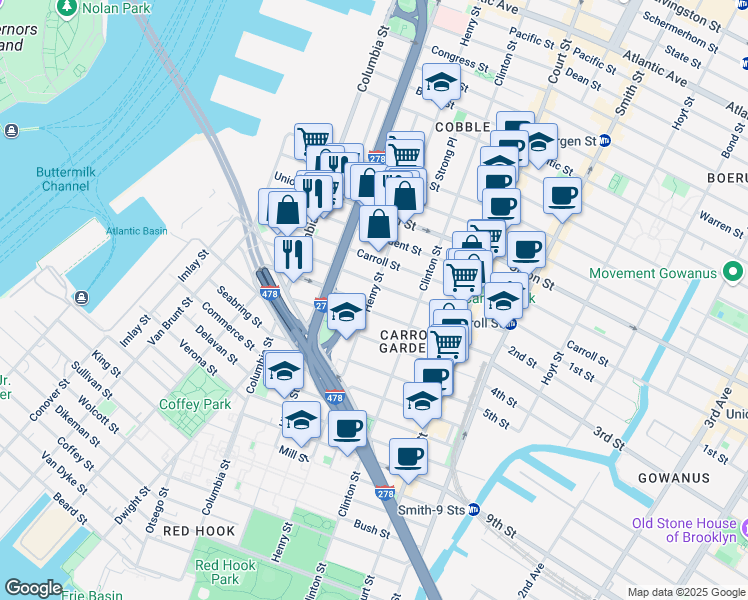 map of restaurants, bars, coffee shops, grocery stores, and more near 166 Summit Street in Brooklyn