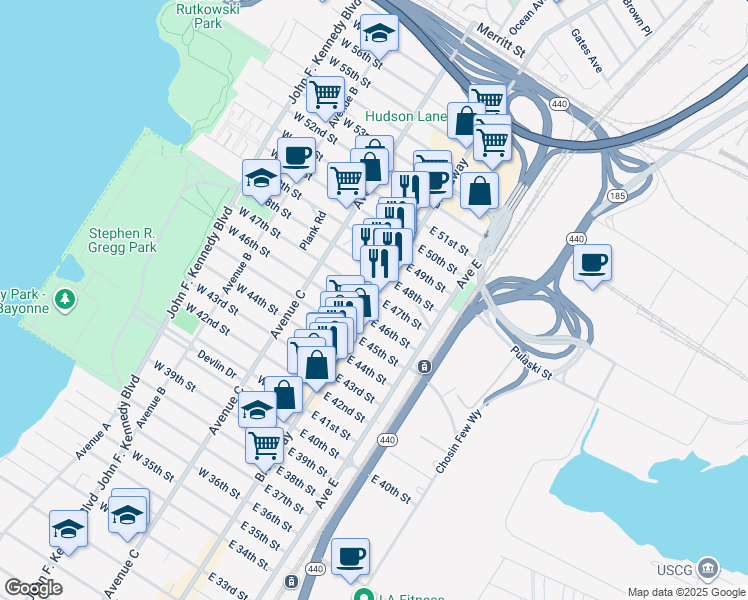 map of restaurants, bars, coffee shops, grocery stores, and more near 21 West 47th Street in Bayonne