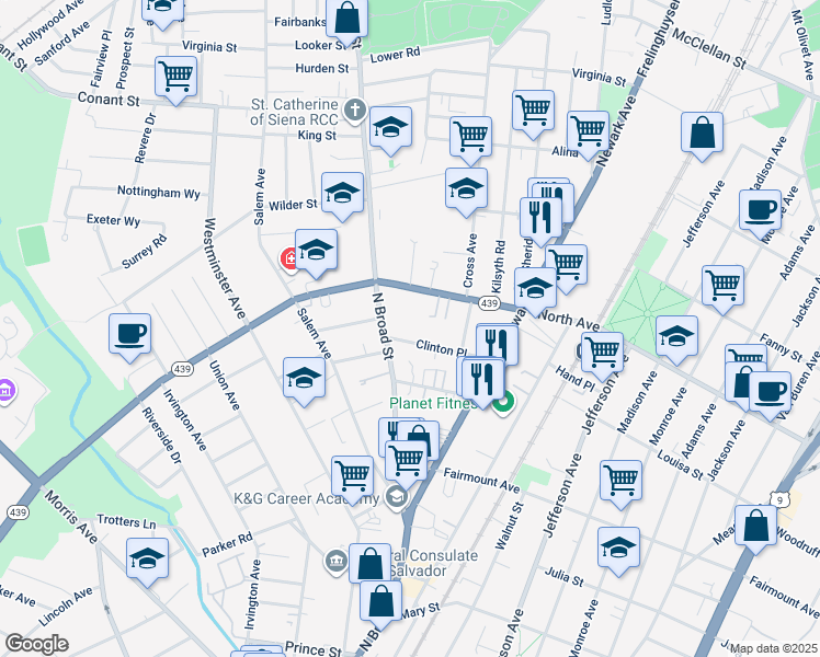 map of restaurants, bars, coffee shops, grocery stores, and more near 1380 North Avenue in Elizabeth