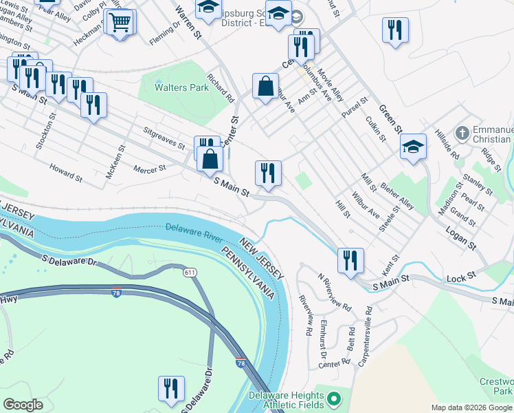 map of restaurants, bars, coffee shops, grocery stores, and more near 779 South Main Street in Phillipsburg