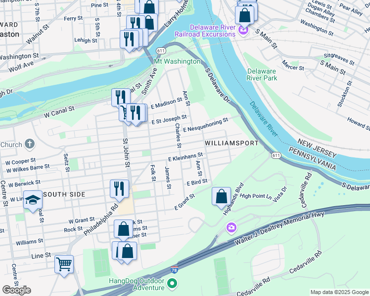 map of restaurants, bars, coffee shops, grocery stores, and more near 208 East Wilkes Barre Street in Easton
