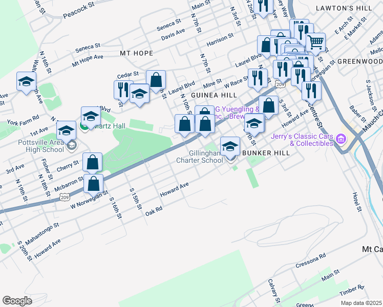 map of restaurants, bars, coffee shops, grocery stores, and more near 6 North 12th Street in Pottsville
