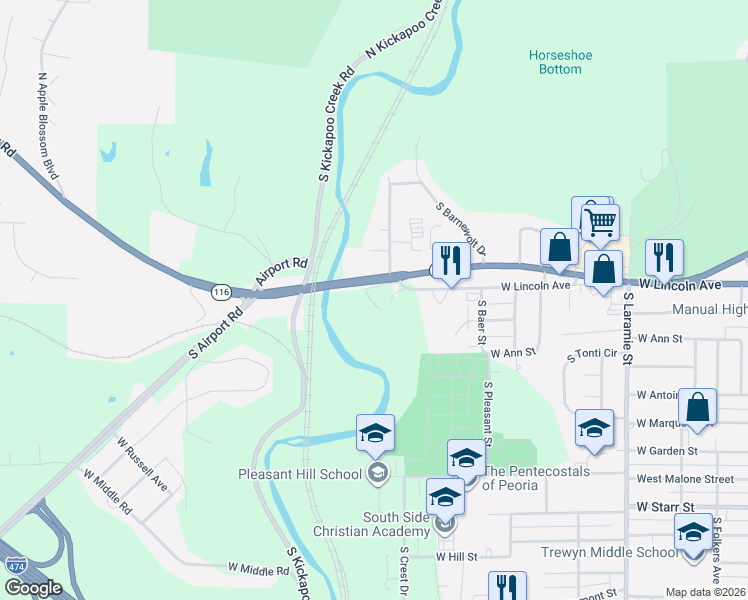 map of restaurants, bars, coffee shops, grocery stores, and more near West Harmon Highway in Peoria