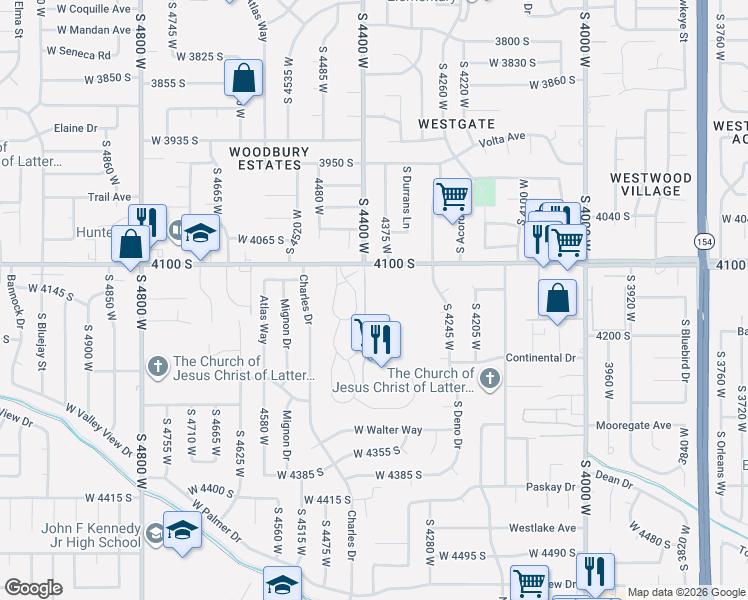 map of restaurants, bars, coffee shops, grocery stores, and more near 4147 4400 west in West Valley City