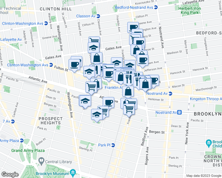 map of restaurants, bars, coffee shops, grocery stores, and more near 1082 Fulton Street in Brooklyn