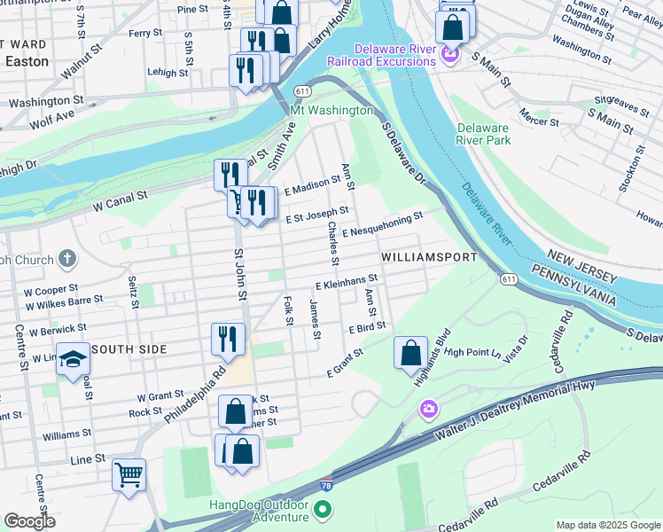 map of restaurants, bars, coffee shops, grocery stores, and more near 185 East Wilkes Barre Street in Easton