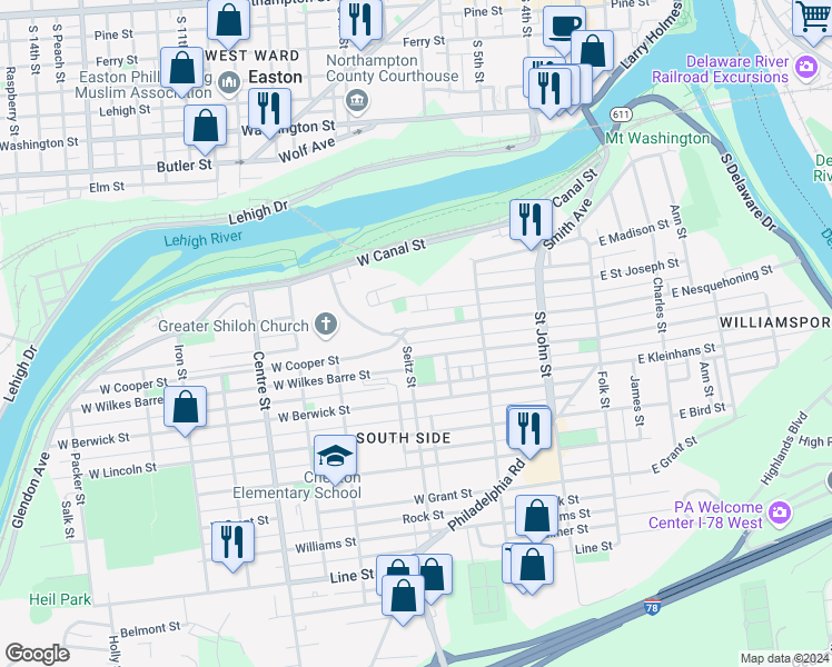 map of restaurants, bars, coffee shops, grocery stores, and more near 394 West Nesquehoning Street in Easton