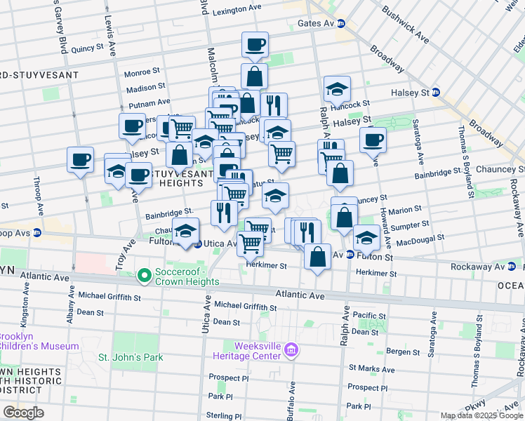 map of restaurants, bars, coffee shops, grocery stores, and more near 239 Bainbridge Street in Brooklyn