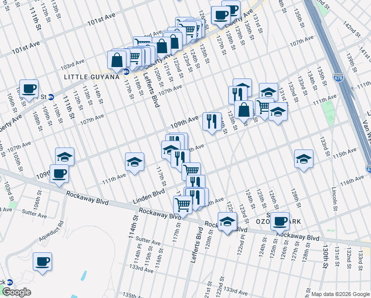 map of restaurants, bars, coffee shops, grocery stores, and more near 109-34 120th Street in Queens