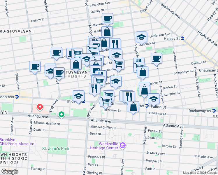 map of restaurants, bars, coffee shops, grocery stores, and more near 239 Bainbridge Street in Brooklyn