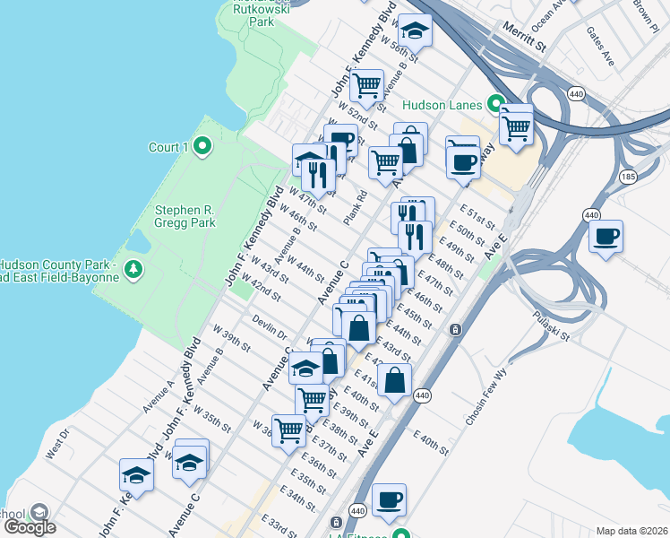 map of restaurants, bars, coffee shops, grocery stores, and more near 961 Avenue C in Bayonne
