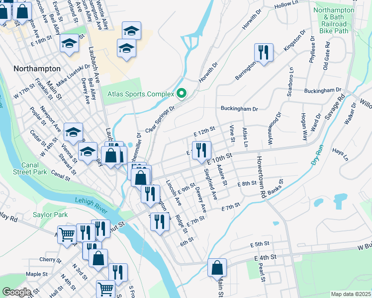map of restaurants, bars, coffee shops, grocery stores, and more near 323 East 11th Street in Northampton