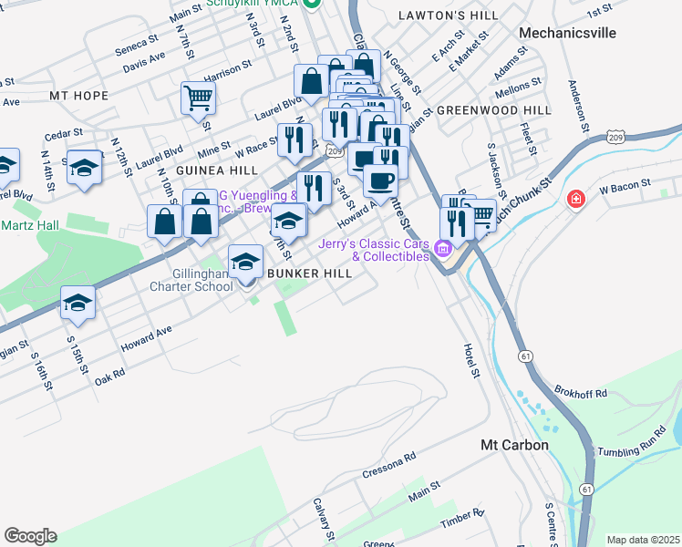 map of restaurants, bars, coffee shops, grocery stores, and more near 507 Pierce Street in Pottsville