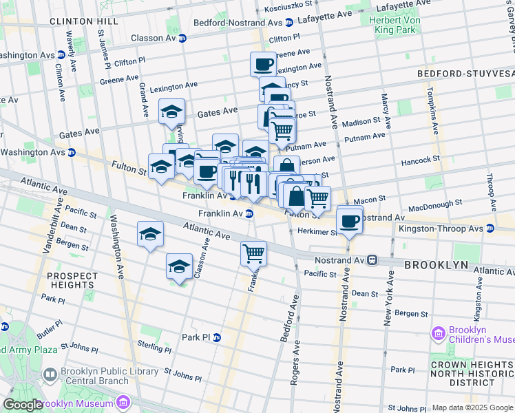 map of restaurants, bars, coffee shops, grocery stores, and more near 1138 Fulton Street in Brooklyn